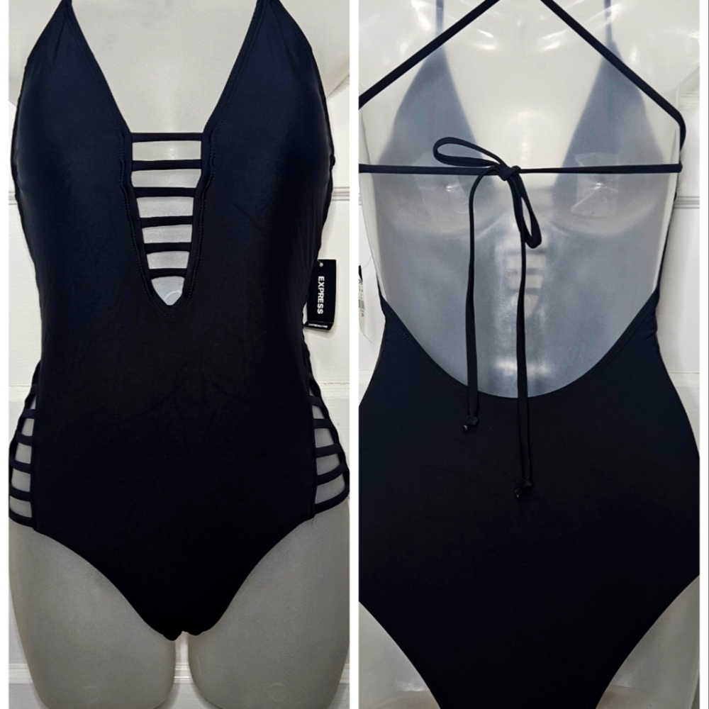 Express Black Halter Swimsuit W/Hip & Chest Cutouts Low CrissCross Back Sz S